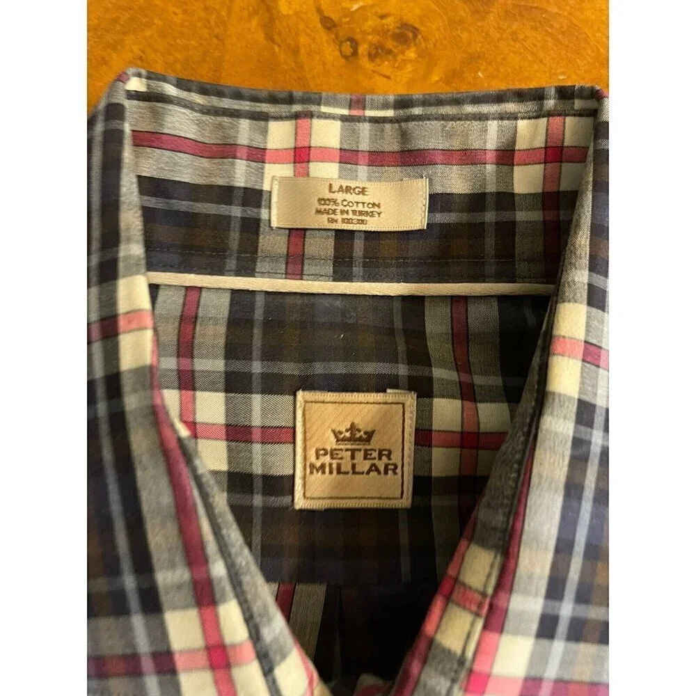 Peter Millar Long Sleeve Button Up Dress Shirt Blue Pink Plaid Sz Large L Cotton
